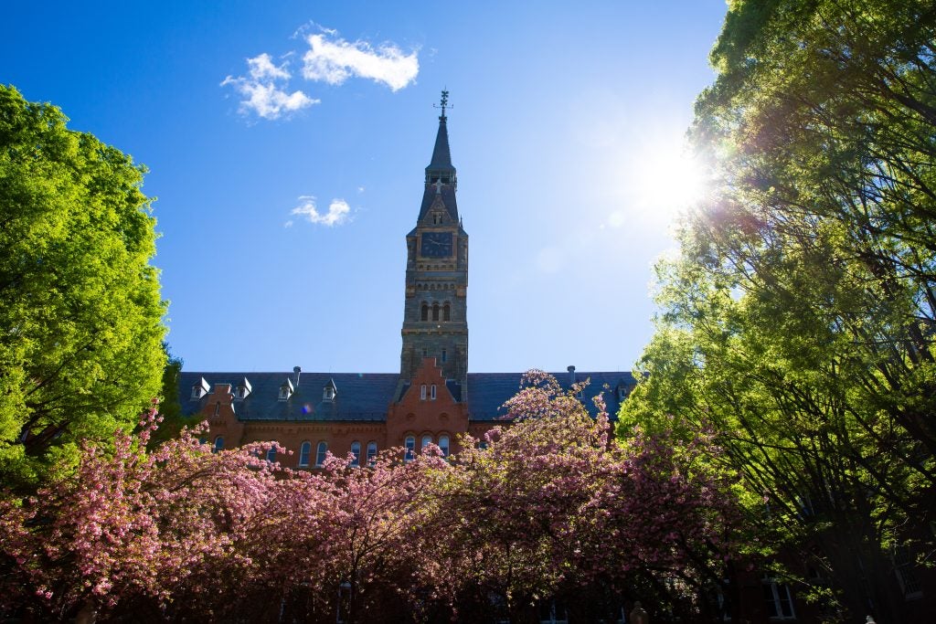 Photo of Healy Hall surrounded by trees on a sunny day.